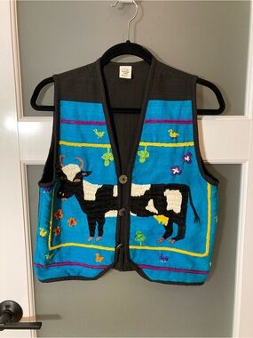 Vintage Rising Tide Embroidered Cow Folk Art Vest Boho Cottagecore M